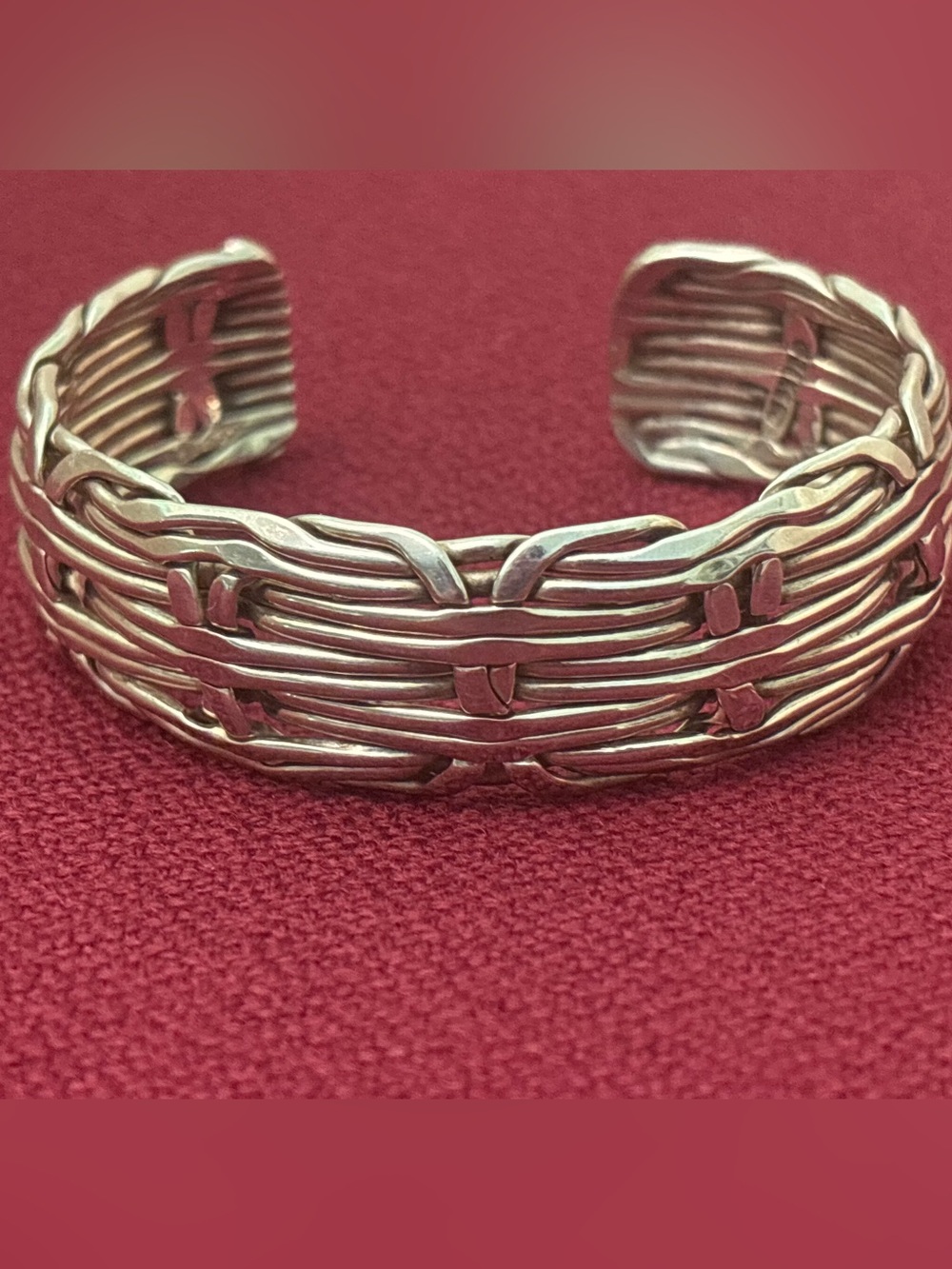 1980s Taxco Sterling Bracelet Basket Weave Cuff. Hand stamped Mexico 925 & TE-50